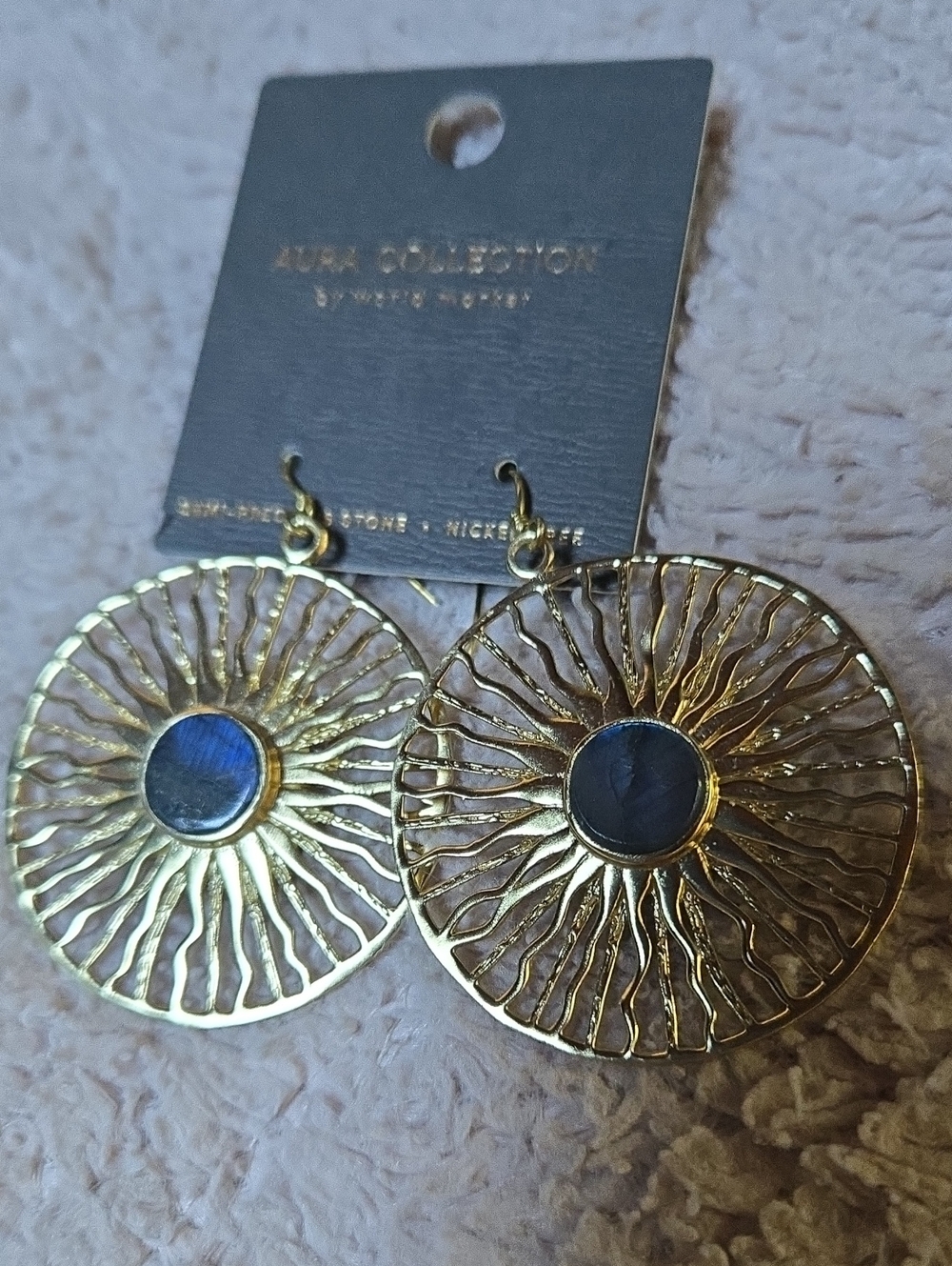☀️ WORLD MARKET Gold Sunburst Drop Earrings with Semi-Precious Stones
